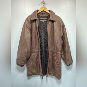 Wilsons Leather Brown Genuine Leather Long Coat Quilted Lined‎ Zip Waist Medium